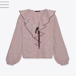 Zara Burgundy Checkered Ruffle Blouse